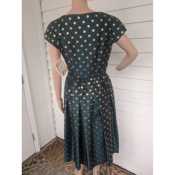 50s Dark Green Gold Polka Dot Dress Vintage Shirley Lee S M 36 28 New Old Stock - Picture 4 of 10